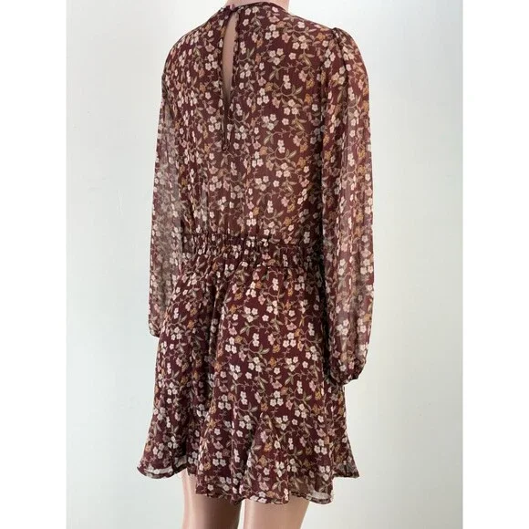 Womens Wine Chiffon Floral Mini Fit & Flare Dress Juniors L - Picture 2 of 15